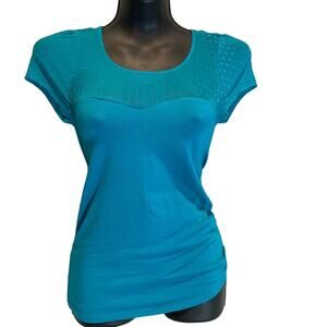 Ambiance Apparel Blue T-Shirt with Sheer Polka Dot Pattern - Small